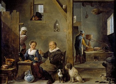 Een distilleerderij met een oude man die gin koopt van een vrouw, c. 1640-49 door David Teniers the Younger